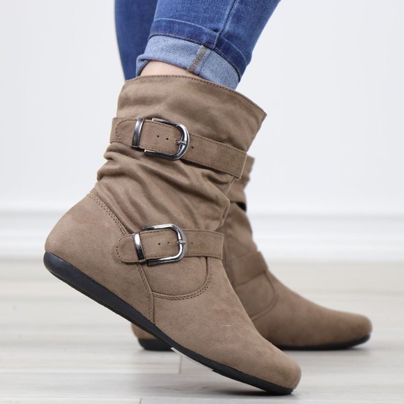 Shoes - Faux Suede Taupe No Heel Flat Boots Round Toe Above Ankle Booties